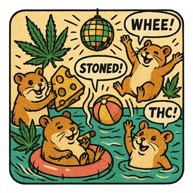 square Discord server icon, retro comic book style, hamsters at a pool party with weed, cheese, THC theme, disco ball, halftone dots, speech bubbles, dynamic action lines, centered clear fun composition sticker