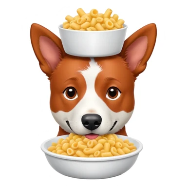 Red heeler dog with white on his snoot. Has a bowl of macaroni on his head sticker