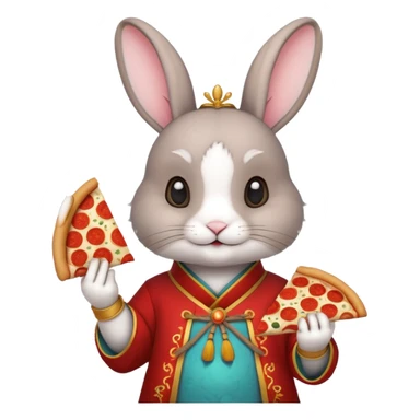 rabbit, wearing chinese ancient custome, with pizza sticker