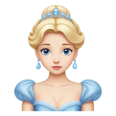Cinematic Elegant Cinderella Portrait Emoji, rendered in a realistic, vector-style with minimal shading and bold, simplified shapes. Depict Cinderella in her classic ball gown (chest and above) with fair, porcelain skin and elegantly styled blonde hair, her eyes soft and kind, and her expression serene and graceful. The design glows with a gentle, enchanting radiance and high shine, capturing the timeless beauty of a fairy tale princess. sticker