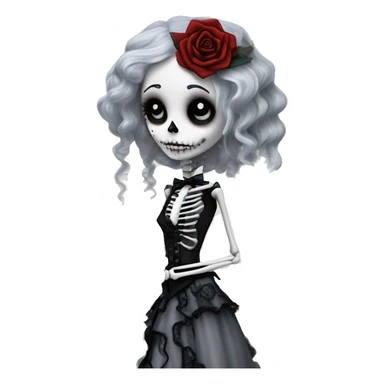 full height skeleton body, tim burton "corpse bride", thin porcelain doll with a cracked face, goth makeup watery eyes, long gray hair, lace and ruffles, lolita style, inked, black and white, red roses sticker