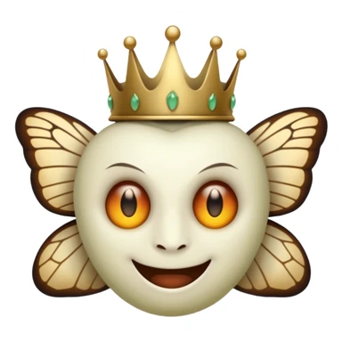 Savathûn from Destiny 2 as an apple-style emoji, featuring her distinctive moth-like crown, glowing eyes, and sinister smile, simplified for emoji format sticker