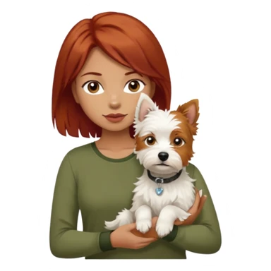 Westhighland white terrier dog being held by woman with dark shoulder length red hair and hazel eye wearing olive green top sticker