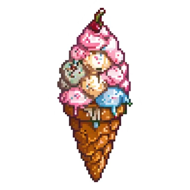 cute pixel art ice cream emoji, light brown cone with diagonal waffle texture, pastel pink scoop with creamy swirl, cherry on top, 16x16 pixel grid, clean and simple, vivid outlines, subtle shadow under scoop, kawaii face with blush and small smile sticker