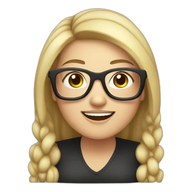 A chubby white young woman with black long hair glasses and smiling sticker