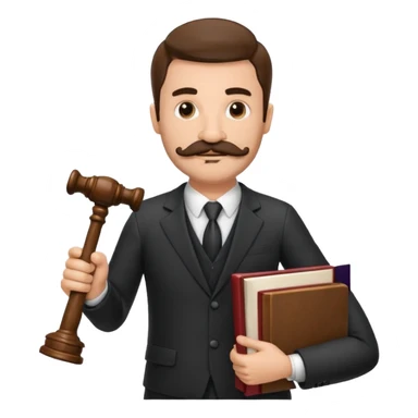 Create a male lawyer. he is wearing a fromal suit jckeret. He is holding a gavel in one hand and a book tucked under his another arm. He has a mustache and BEARD both! sticker