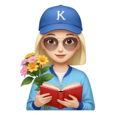 ["A happy girl with light skin, bald, wearing a baseball cap and sunglasses, dressed in K-pop fashion, is reading a book while holding a flower bouquet."] sticker
