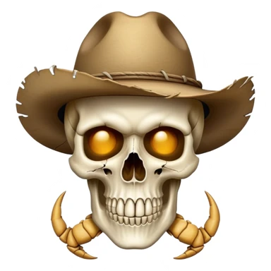 A white skull with an imprint of scorpion on the cheek wearing a tattered cowboy hat sticker