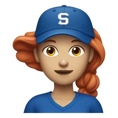 white female coach with red long hair in blue simple t-shirt and with a simple blue baseball hat sticker