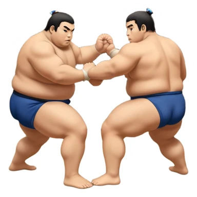 Two sumo wrestlers in a classic dohyo ring, each displaying powerful stances and ready to engage in a fierce match. One wrestler attempts a pushing attack, while the other counters with a thrust. The background shows the traditional sumo arena and spectators. Transparent background. sticker