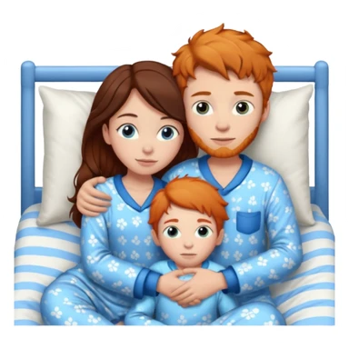 Ginger boy hugging girl with very dark brown hair. Both have blue eyes. They are in bed.  sticker