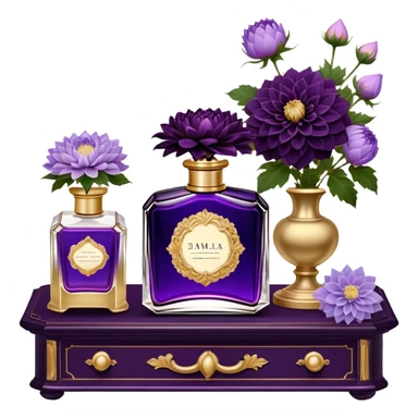 A dark amethyst vintage French-style perfume bottle with intricate golden detailing rests elegantly on an antique vanity. Surrounding it, delicate periwinkle dahlias and soft lavender sprigs add a touch of romantic charm. The glass reflects a warm glow from a nearby candle, enhancing its deep violet hues. The scent of aged vanilla and floral notes lingers in the air, evoking an aura of timeless elegance. sticker