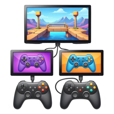 An icon showing two monitors with gaming interfaces, connected by a wire. Each monitor displays a different game screen, with two gamepads placed nearby, symbolizing multiplayer gameplay. transparent background. sticker