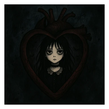 a heart with a goth girl inside, illustrative style, dark details, mysterious atmosphere sticker