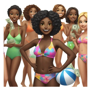 Black girl with money in a swimsuit with friends sticker