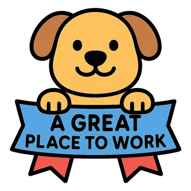 dog holding a ribbon with the text 'a great place to work' written in blue, lineal color icon with black outlines sticker
