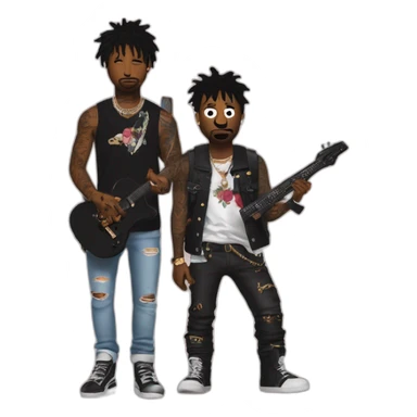 21 savage with him tattos and a gun in hand next to kurt cobain with guitar sticker