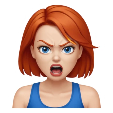 mujer pelirroja con los ojos y los labios maquillados enojada gritando con musculosa azul sticker