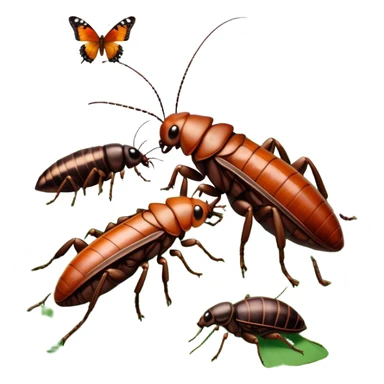 Close-up of giant Madagascar hissing cockroaches, butterflies, and stick insects in their natural habitat. The insects are shown in detail, highlighting their unique textures and colors, surrounded by plants and leaves. Soft lighting to enhance their features. Transparent background. sticker