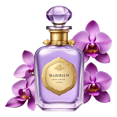 Create a delicate vintage French-style perfume bottle in an orchid hue, adorned with intricate gold detailing and an elegant glass stopper. Surround it with lush lilac flowers, along with soft lavender sprigs and petals scattered around for a dreamy, romantic atmosphere. The background should have a subtle antique texture, evoking the charm of a Parisian boudoir. The lighting should be soft and diffused, enhancing the luxurious and nostalgic feel sticker