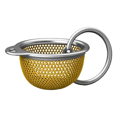 3D render of Tea Strainer, made of interlocking chainmail metal rings, wire mesh texture, visible holes and negative space, metallic silver and grey, high contrast shadows, emoji style, isolated on white background --v 6.0. sticker