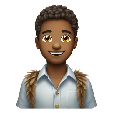 smiling boy in collared shirt with feathers sticker