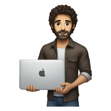 Web designer carrying a computer in his hands. métis men with curly dark brown hair, brown eyes, little grown beard. imposing, muscular build. sticker