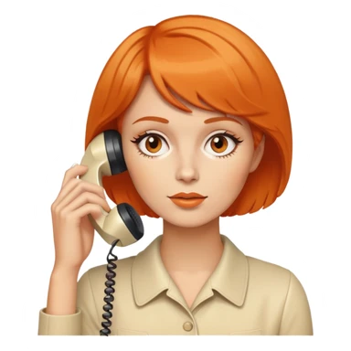 upper body of a woman with short orange hair talking on a white 70s phone sticker