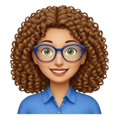 40 yr old Iranian woman, light brown very curly thick hair, shoulder length hair, green eyes, tan skin, big smile, big glasses, with pretty blue blouse sticker