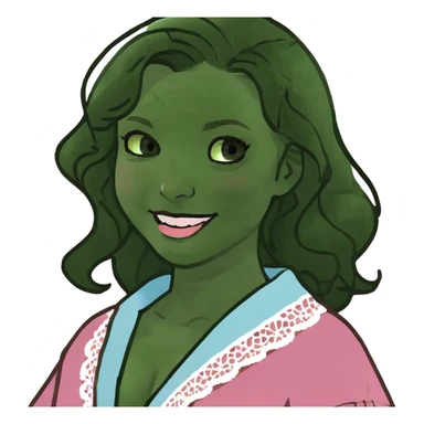 apple-emoji a girl with dark brown wavy hair just below her shoulders, with blue eyes, full lips, pink cheeks, plump skin, in a lace blue robe with a smile. sticker