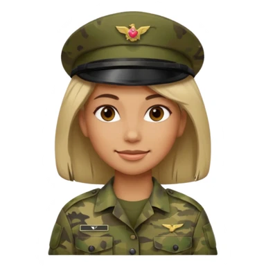 Female soldier emoji in Apple style, no cap/helmet, bust portrait, gentle smile, generic camo, hair visible, soft gradients, transparent PNG sticker