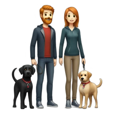 a handsome, slender man in a  sporting a red beard and wear casual outfit, standing next to a black Labrador dog, holding it on a leash sticker