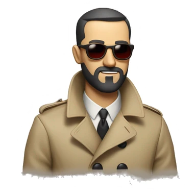 <excerpt>
A 1930s white man with real buzz cut Black hair, beard stubble donning tiny red tinted sun glasses in a dirty tan trench coat, is serious.
</excerpt> sticker