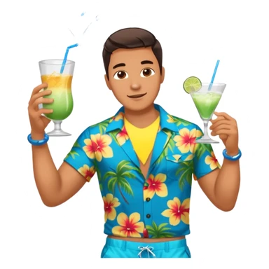 human male Unbuttoned Hawaiian shirt, swim trunks, shaking a cocktail shaker (sparks flying) sticker