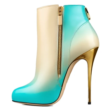 Hyper Realistic isolated forward top view of a pair of tiffany blue ,cream,and gold ombre Jimmy Choo zippered peppe toe Stiletto Heel ankle bootie boots. sticker