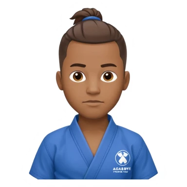 black karate instructor with ponytail and a low taper haircut, and a small fade on the sides with a blue belt and roger Gracie academy logo on the gi sticker