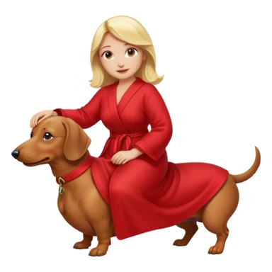 A blonde curvy woman riding on top of a dachshund wearing a red robe sticker