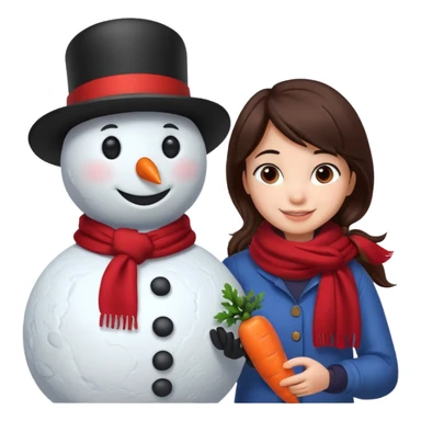 Cartoon girl with brown hair and scarf, building a snowman. Cartoon boy with black hair, placing a carrot nose on the snowman, smiling sticker
