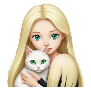pretty woman with pale skin and with blue eyes and very long blonde hair  hugging one cat that is white and black with green eyes sticker