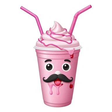 strawberry milkshake in a take-out cup with mustache sticker