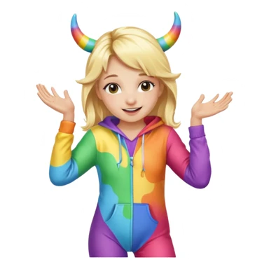 Cute blonde girl dancing in a rainbow onesie with cow horns  sticker