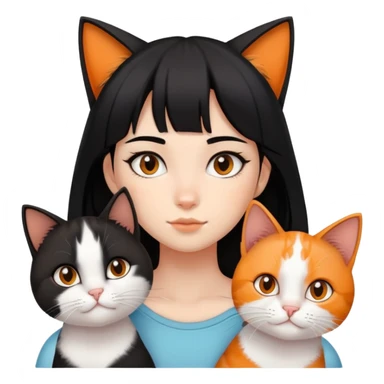 teenage girl with black hair with brown highlights with two cats that are tri-colored (black, orange, and white) sticker