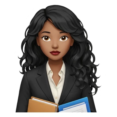 A young woman with long black hair, a wavy frange falling on half of her head. There's a long wavy stretch of hair falling on the side of her head. She's black, medium to dark skinned with thick lips. She's holding folders, and she's a CEO, but she's wearing casual clothes. she has long eyelashes. sticker