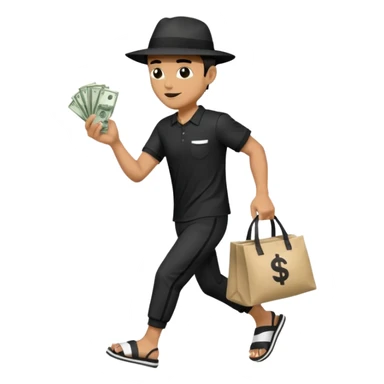 Make a man wear a black pant and he shirt is balck line and white line and wear a black hat and he holding a money bag and he running he wear a black eye thing no money in the Left hand and he yellow and the money bag in the right he wear a flip flop like this is Money bag 💰 NO MONEY sticker