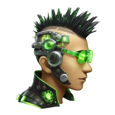 Mohawk hair with neon green highlights Asian male cyborg head with neon silver steampunk goggles and circuits sticker