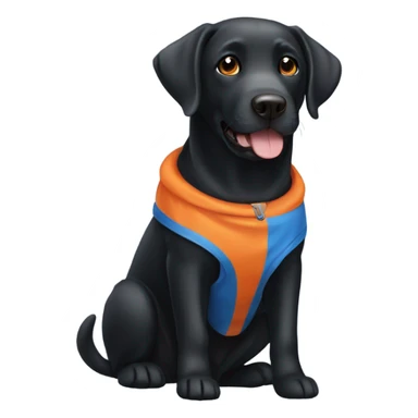 Black Labrador wearing orange and blue  sticker