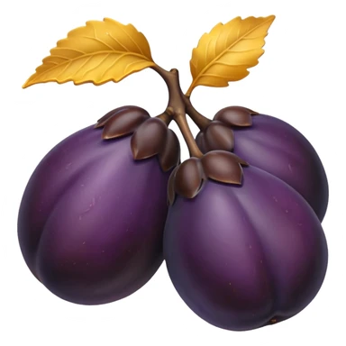 two whole ripe prunes with smooth slightly glossy dark purple skin and natural dimples, one fruit halved showing golden-yellow flesh and central brown pit, rounded plump shape with subtle color gradients, fresh juicy appearance, no leaves or background, soft lighting, subtle shadows, emoji scale sticker