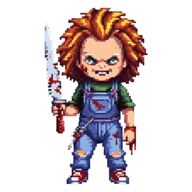 Chucky with wild hair, evil grin, holding a bloody knife sticker