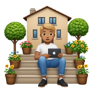 a home which has garden like and the home has slack emoji, where on the house steps, a blob chratcter holding black mac should sit and should look like wiork sticker