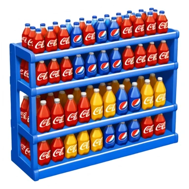 3D warehouse shelf with Coca-Cola, Pepsi, Fanta bottles and products, 
organized retail shelves, colorful product packages, store inventory, 
transparent background, emoji style, realistic, isometric view sticker